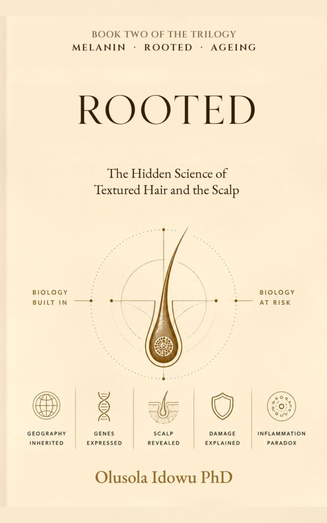 Rooted book cover — The Hidden Science of Textured Hair and the Scalp, by Dr Olusola Idowu
