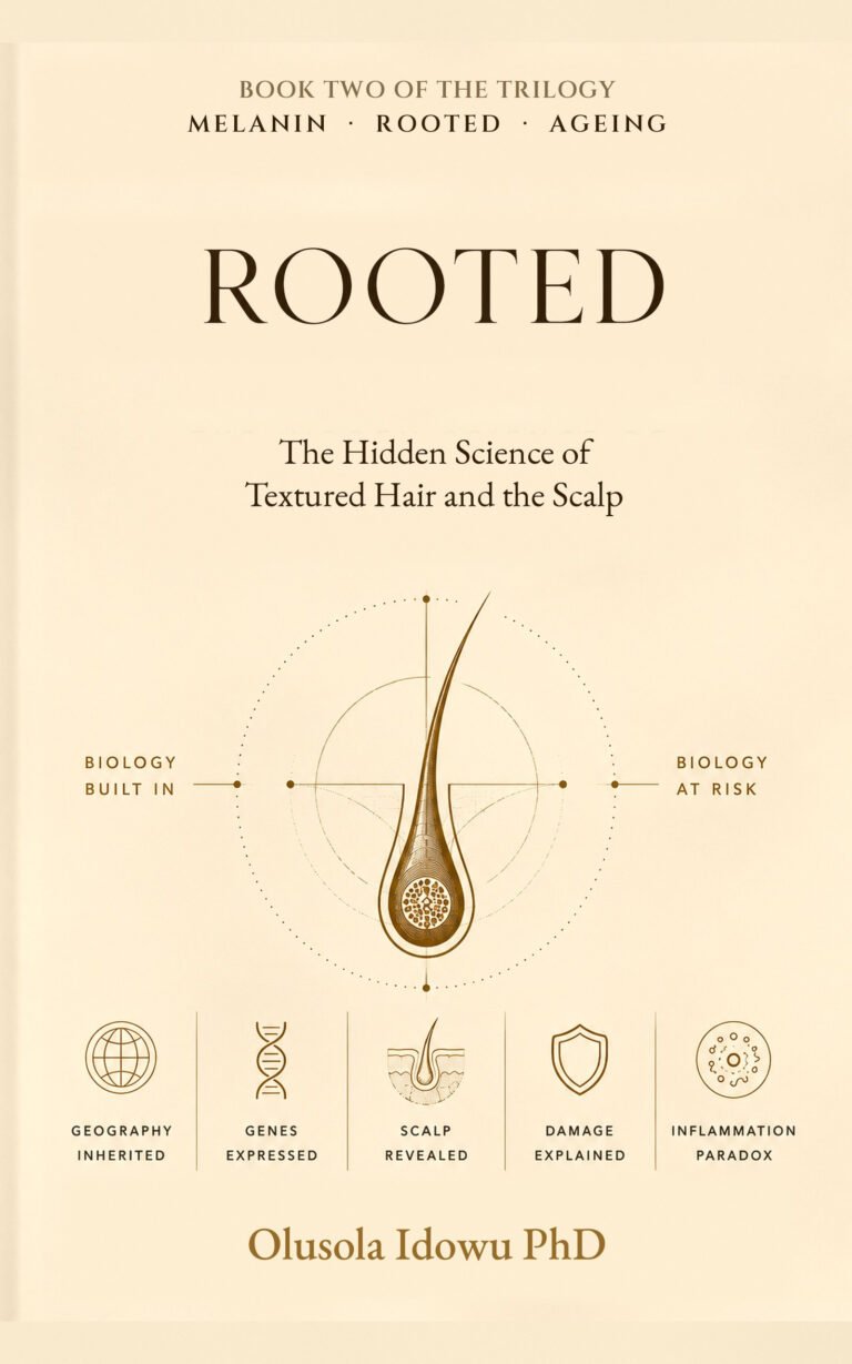 Rooted book cover — The Hidden Science of Textured Hair and the Scalp, by Dr Olusola Idowu