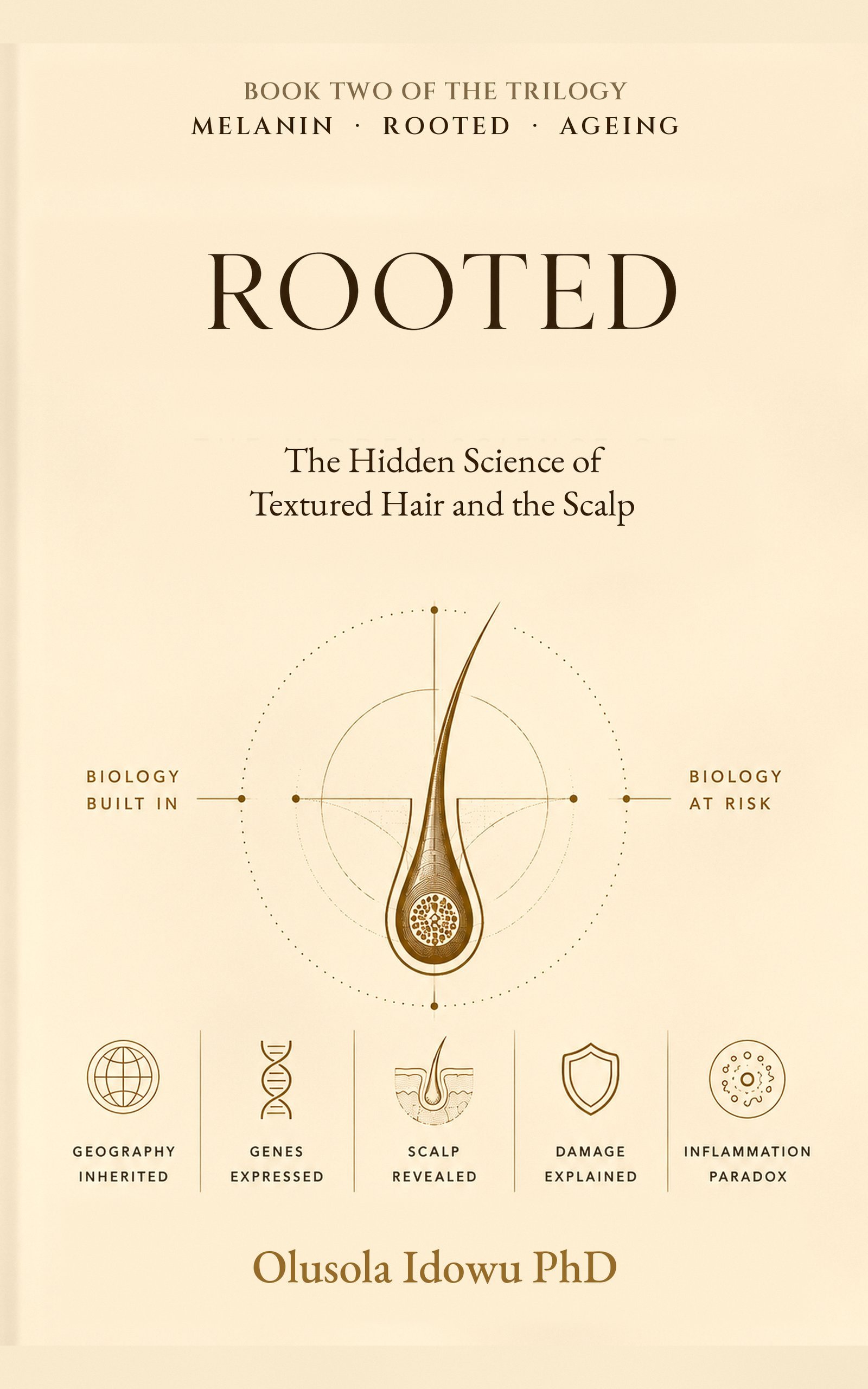 Rooted book cover — The Hidden Science of Textured Hair and the Scalp, by Dr Olusola Idowu
